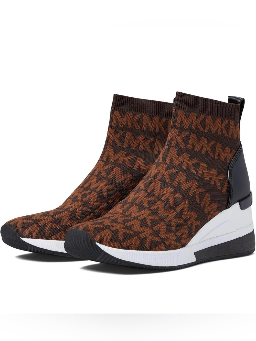 Michael Kors Brown MK Logo Knit Sock Wedge Booties
